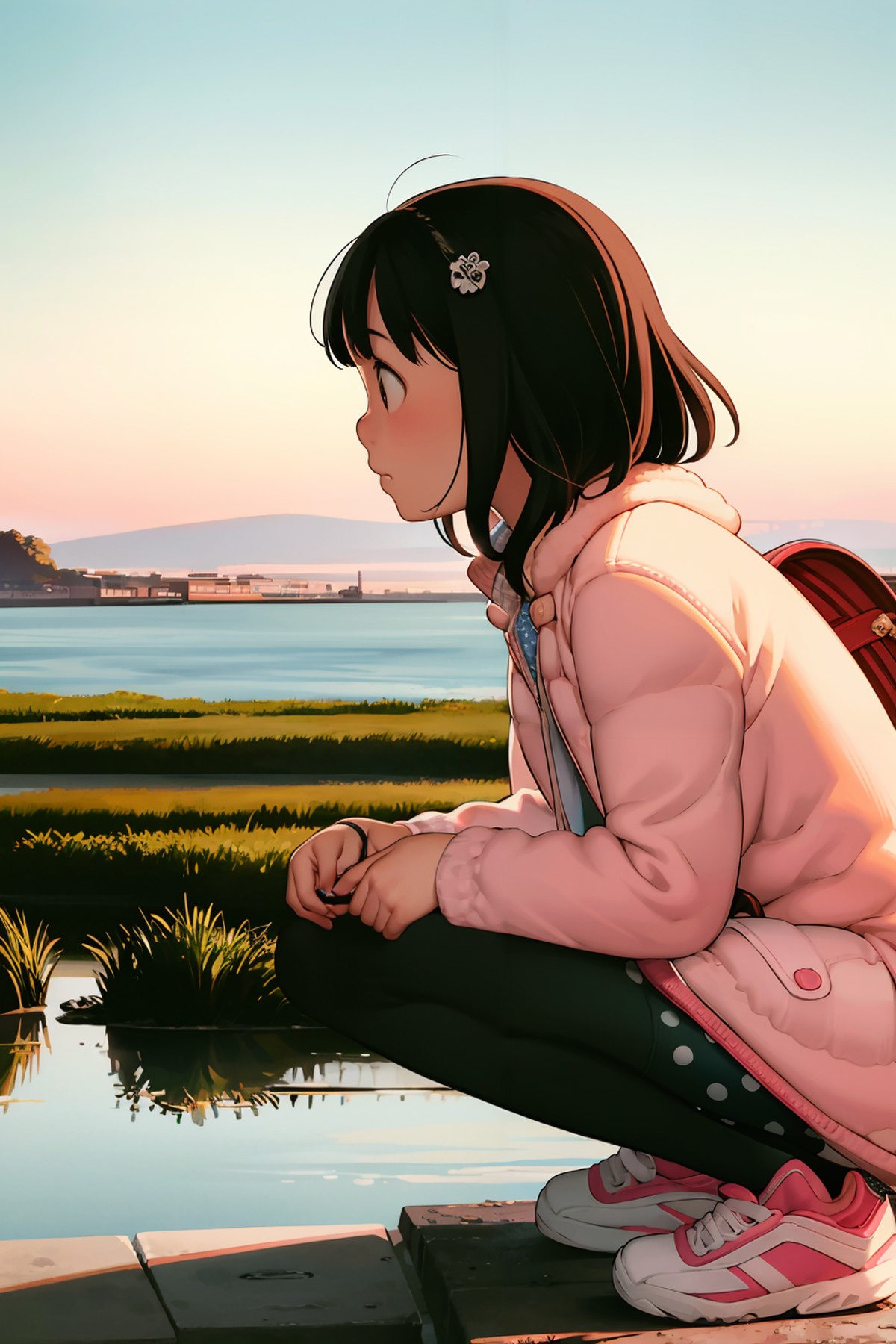 masterpiece, best quality,<lora:comiclo:1>,1girl, solo, squatting, skirt, pantyhose, black hair, bag, backpack, sunset, sh...